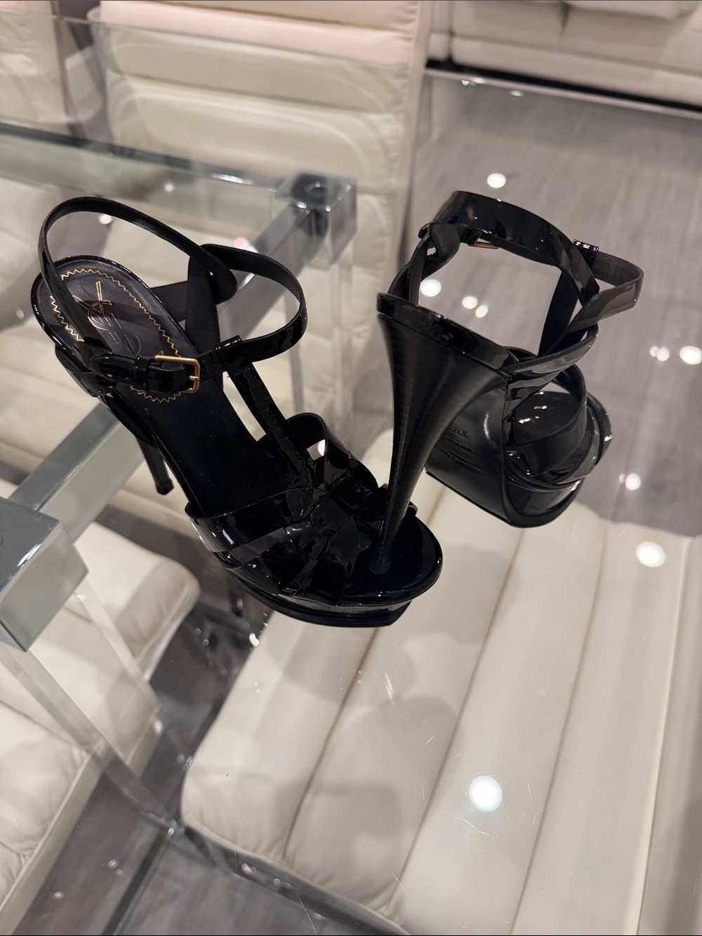 Saint Laurent Black Patent Leather Braided T-Strap Heel Sandals - Picture 8 of 12